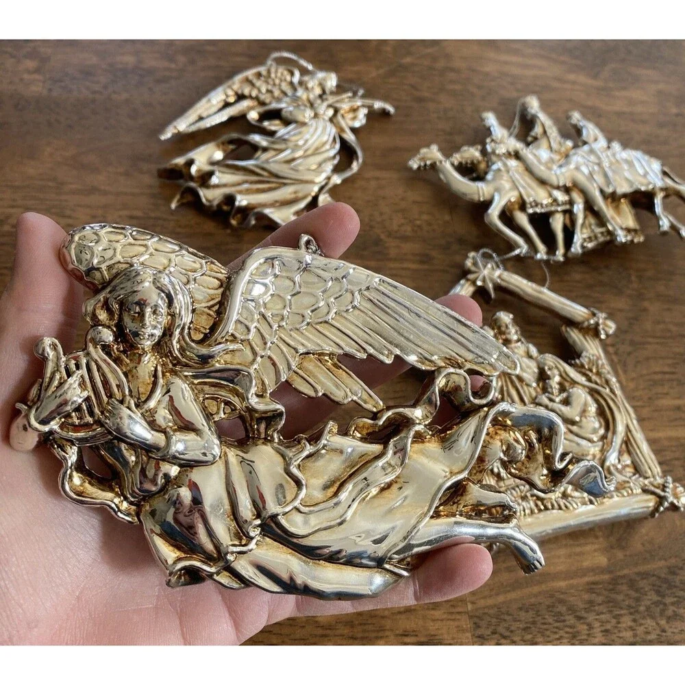 4 Vintage Christmas Ornaments Gold Tone Wise Men Camel Angel Manger Jesus